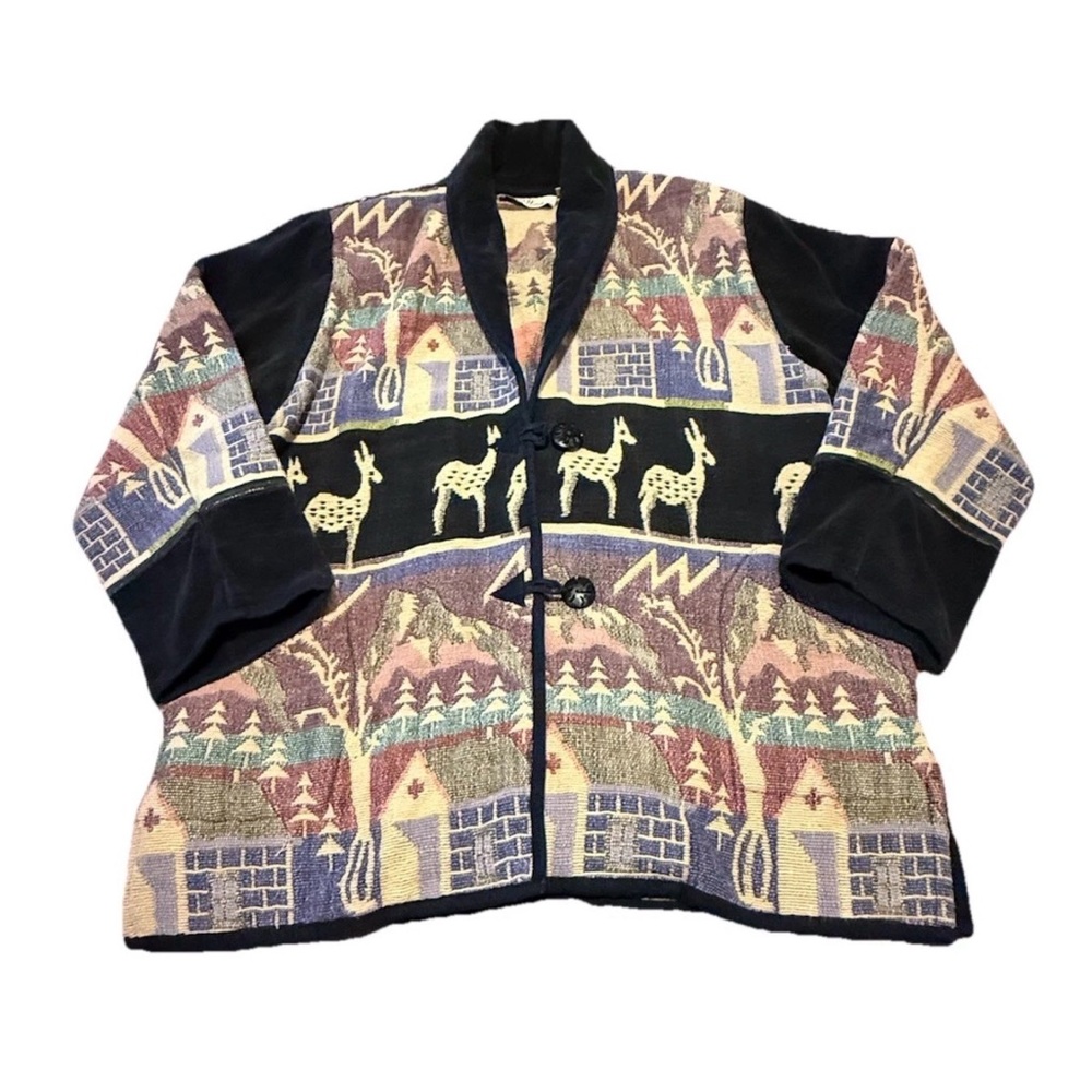 Vintage ANU Natural Red Handwoven Wearable Art Jacket Tapestry Alpacas Mountains